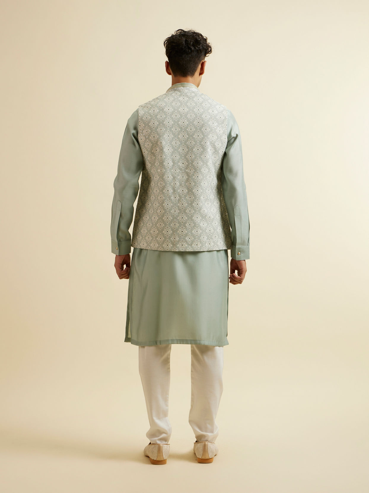 alt message - Manyavar Men Pista Green Buta Jaal Patterned Jacket image number 4